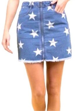 Le Lis Blue Denim Mini Skirt with White Star Print